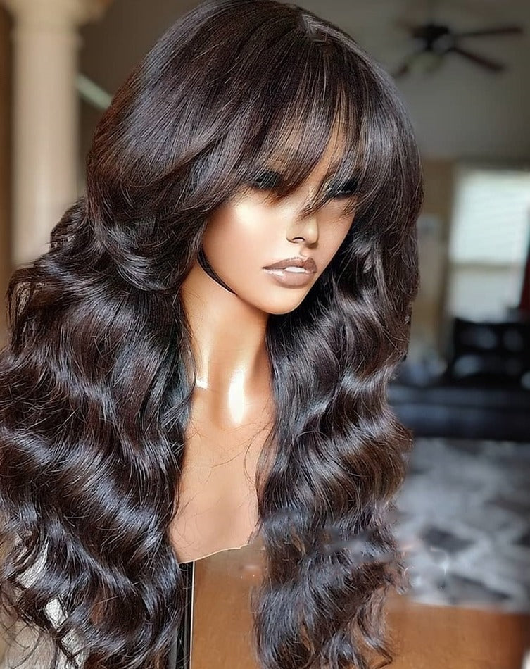 Brazilian Remy Wavy Human Hair Wig With Bangs