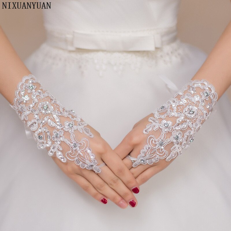 Elegant Beaded Lace Satin Short Bridal Gloves