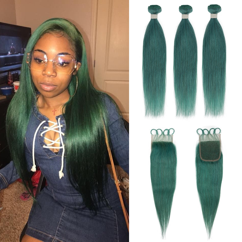 Jade Green Human Hair Bundles With Closure