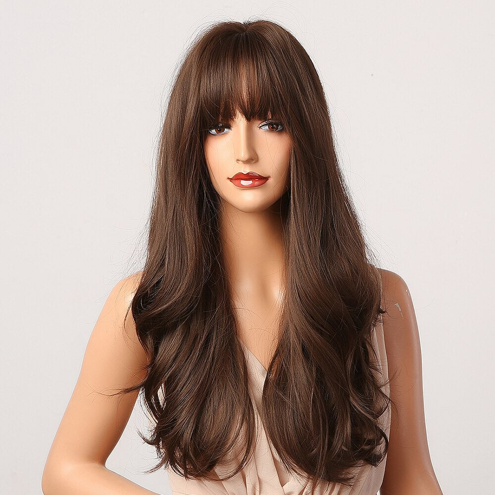 Long Wavy Dark Brown Synthetic Wigs With Bangs