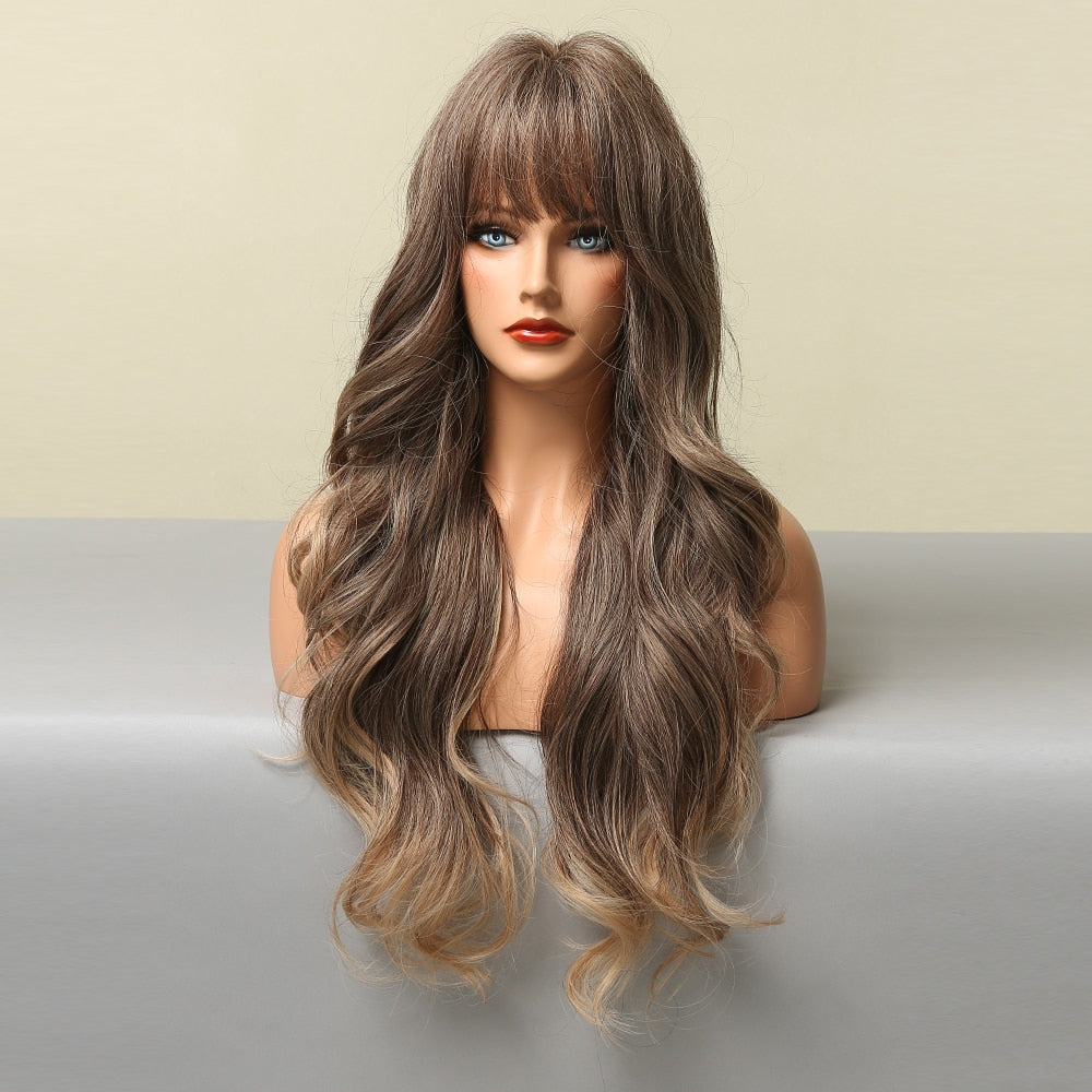 Brown Blonde Highlight Synthetic Wigs With Full Bangs