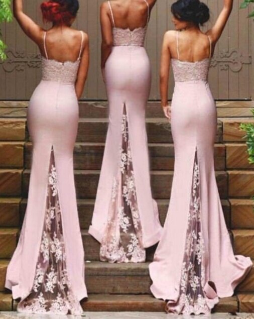 Pink Lace Floor Length Mermaid Bridesmaid Dresses