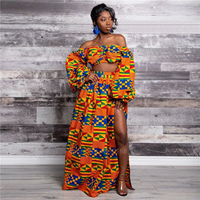 Thumbnail for Full Sleeve Shoulder Off Dashiki Print Split Skirts