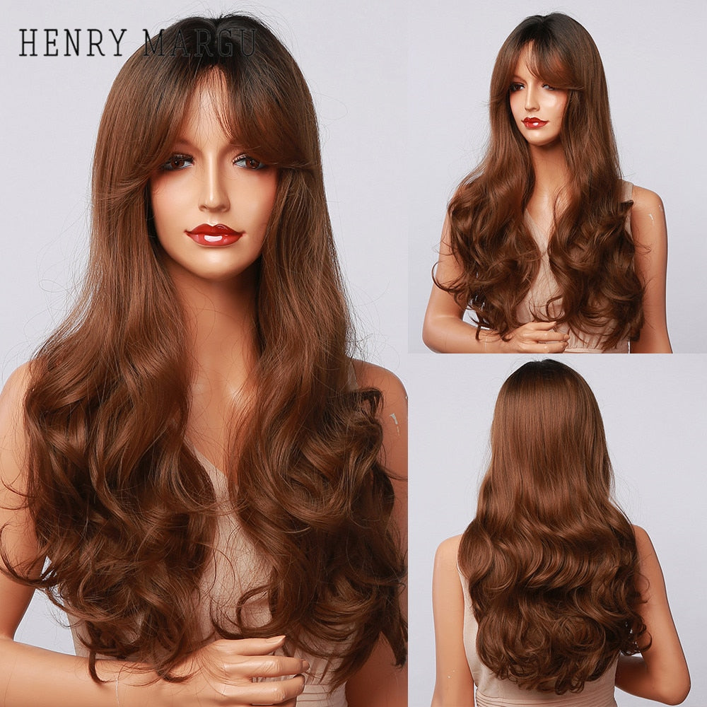 Long Wavy Dark Brown Synthetic Wigs With Bangs