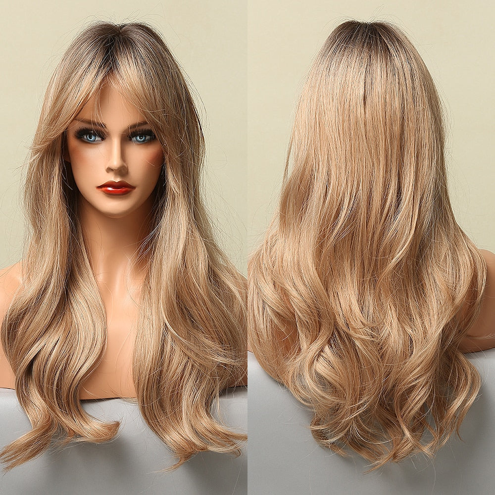 Brown Blonde Highlight Synthetic Wigs With Full Bangs