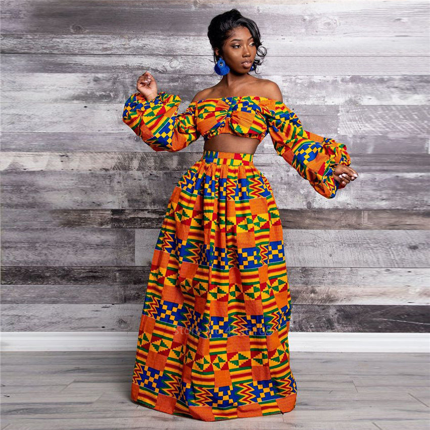 Full Sleeve Shoulder Off Dashiki Print Split Skirts