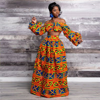 Thumbnail for Full Sleeve Shoulder Off Dashiki Print Split Skirts