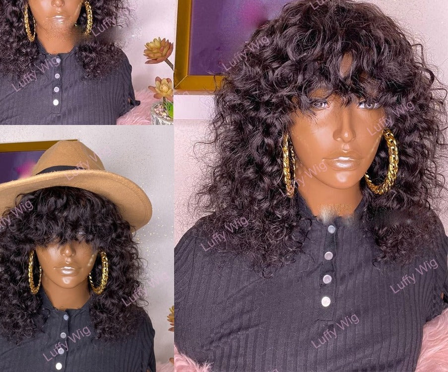 Curly Human Hair Wig With Bangs Brazilian Remy Hair