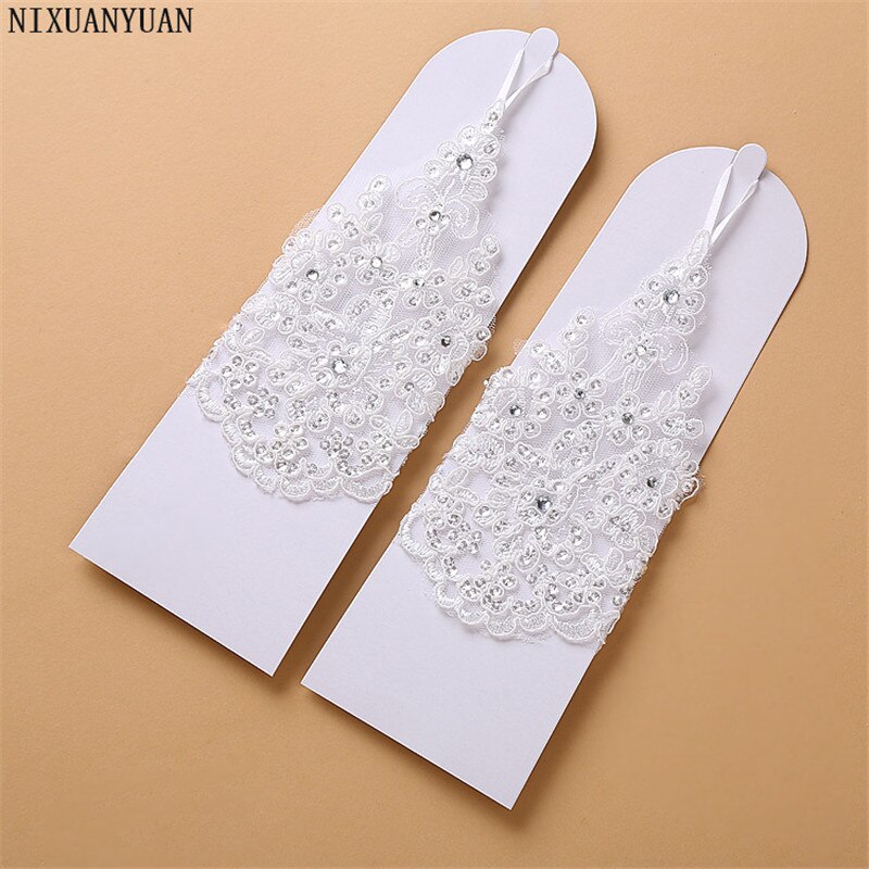 Elegant Beaded Lace Satin Short Bridal Gloves