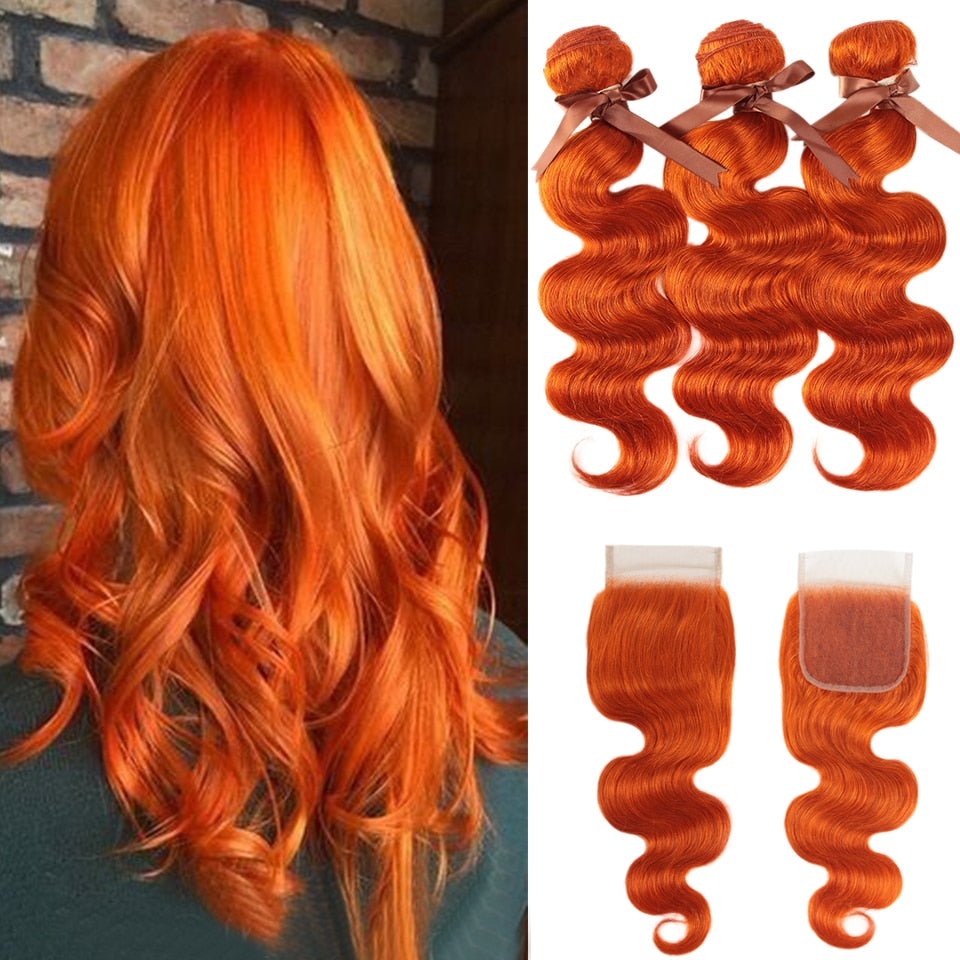 Orange Bundles With Closure Malaysian Body Wave Hair