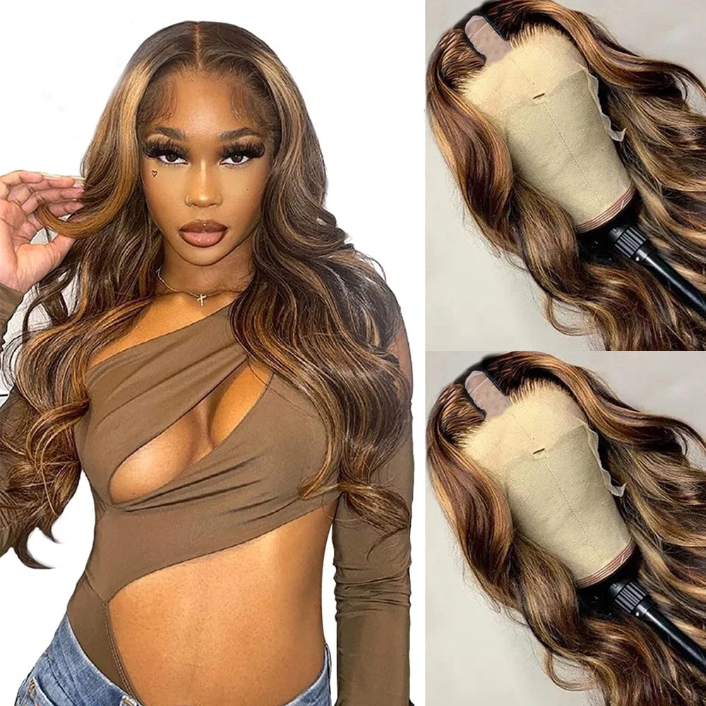 U-Part Wig with strap combs-Highlight Blonde Ombre Brown