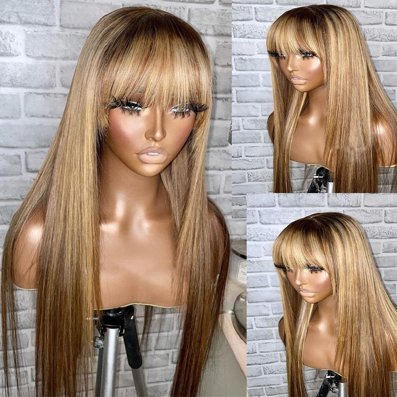 Fringe Blonde Highlight Human Hair Wig with Bangs -PrePlucked Remy