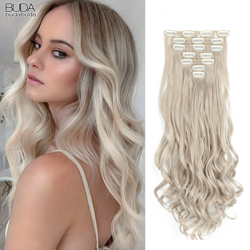 16 Clips In Hair Extensions Natural Wave 7 Pcs/Set 22 Inch Synthetic