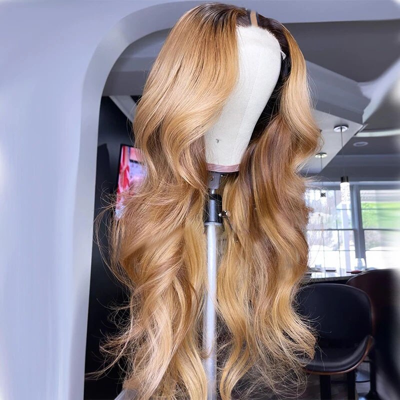 Ombre Honey Golden Blonde Body Wavy V Part Wigs Middle/Side Open Unprocessed 100% Human Hair