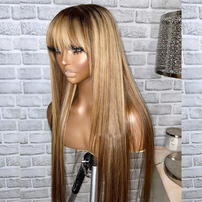 Fringe Blonde Highlight Human Hair Wig with Bangs -PrePlucked Remy