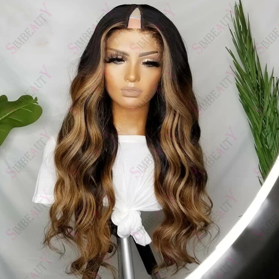 Straight Wavy Highlights Honey Blonde 1X4 V Part Wigs 100% Human Hair