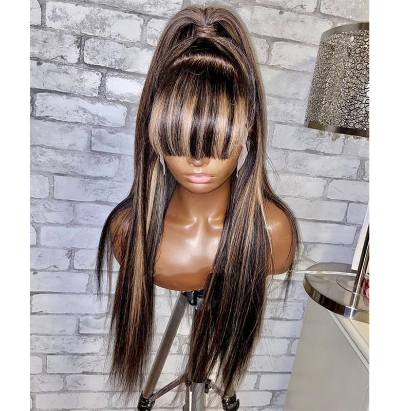 Fringe Blonde Lace Front Human Hair Wigs with Bangs- PrePlucked Remy