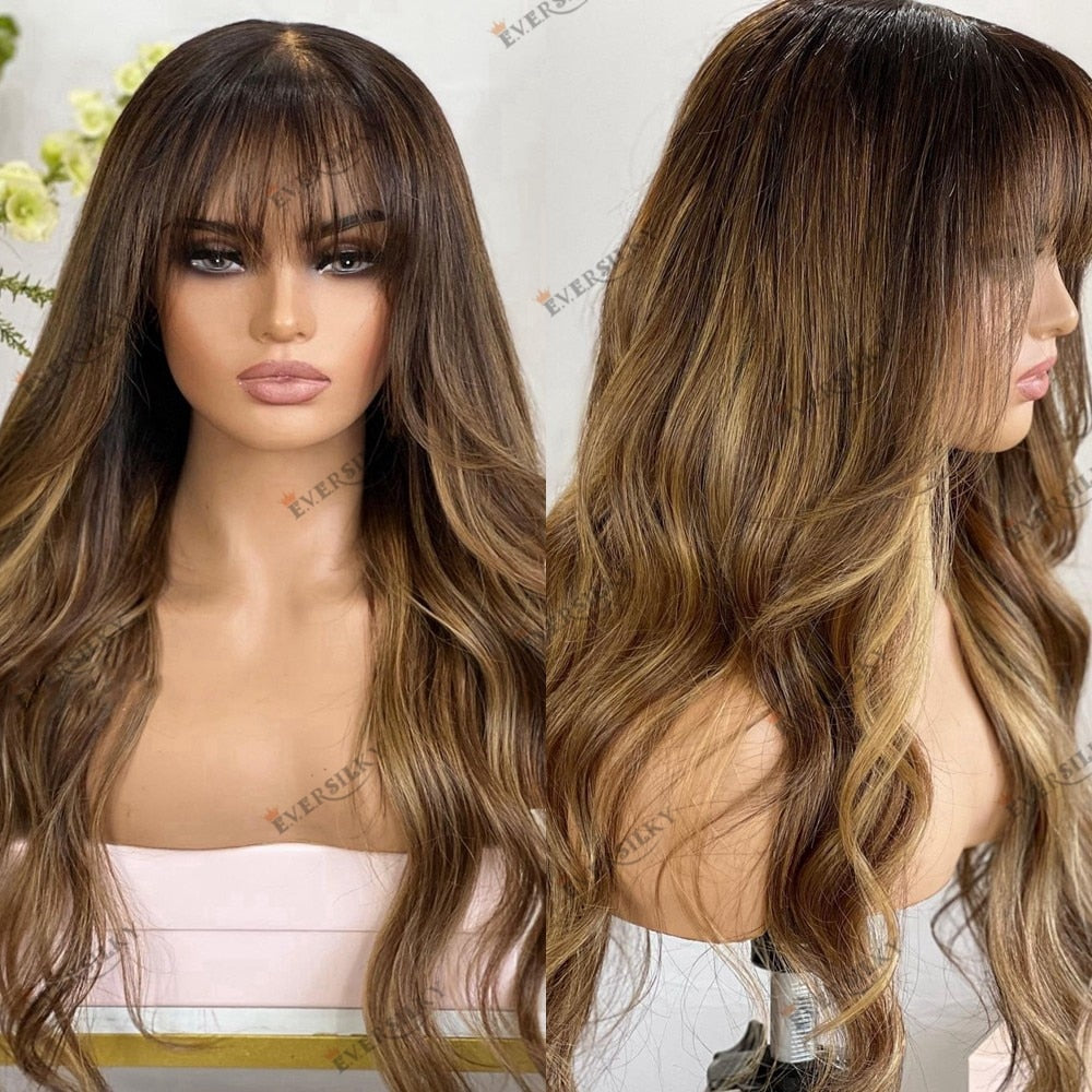 Human Hair Color Brown Blonde Fringe -180 Density Body Wave Ombre Highlight Remy Hair Wigs