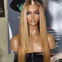 Thumbnail for Straight Wavy Highlights Honey Blonde 1X4 V Part Wigs 100% Human Hair