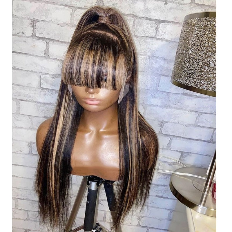 Fringe Blonde Lace Front Human Hair Wigs with Bangs- PrePlucked Remy