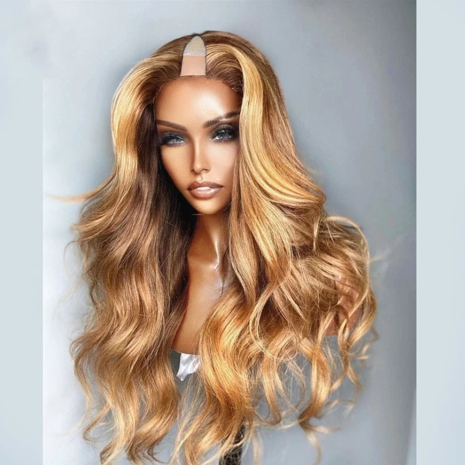 Straight Wavy Highlights Honey Blonde 1X4 V Part Wigs 100% Human Hair