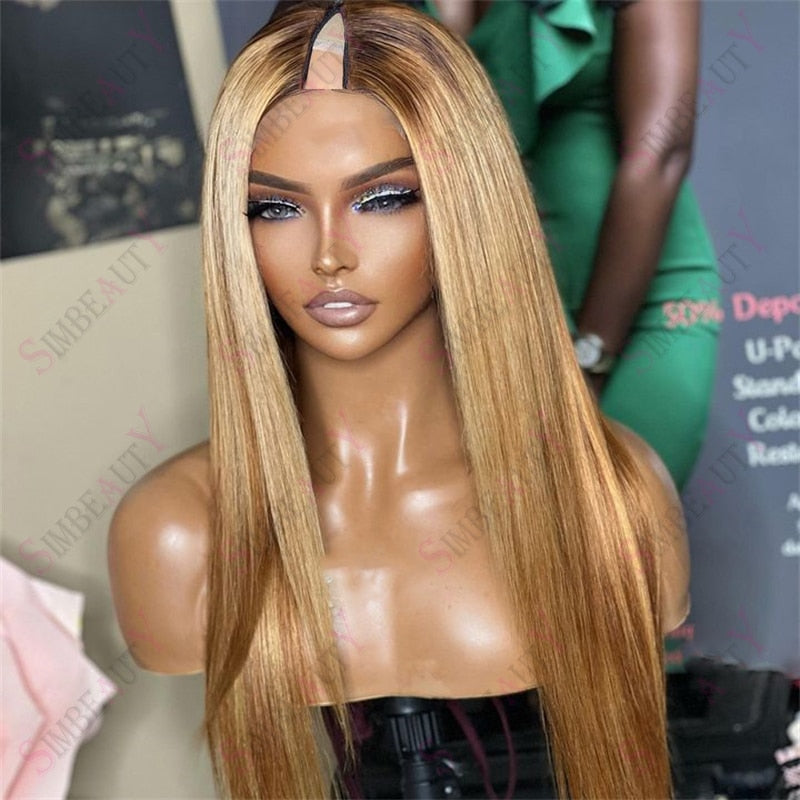 Straight Wavy Highlights Honey Blonde 1X4 V Part Wigs 100% Human Hair