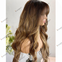 Thumbnail for Human Hair Color Brown Blonde Fringe -180 Density Body Wave Ombre Highlight Remy Hair Wigs