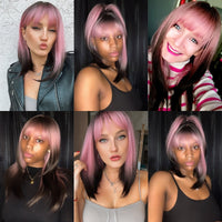 Thumbnail for Purple Pink Ombre Black Short Straight Synthetic Wigs With Bangs