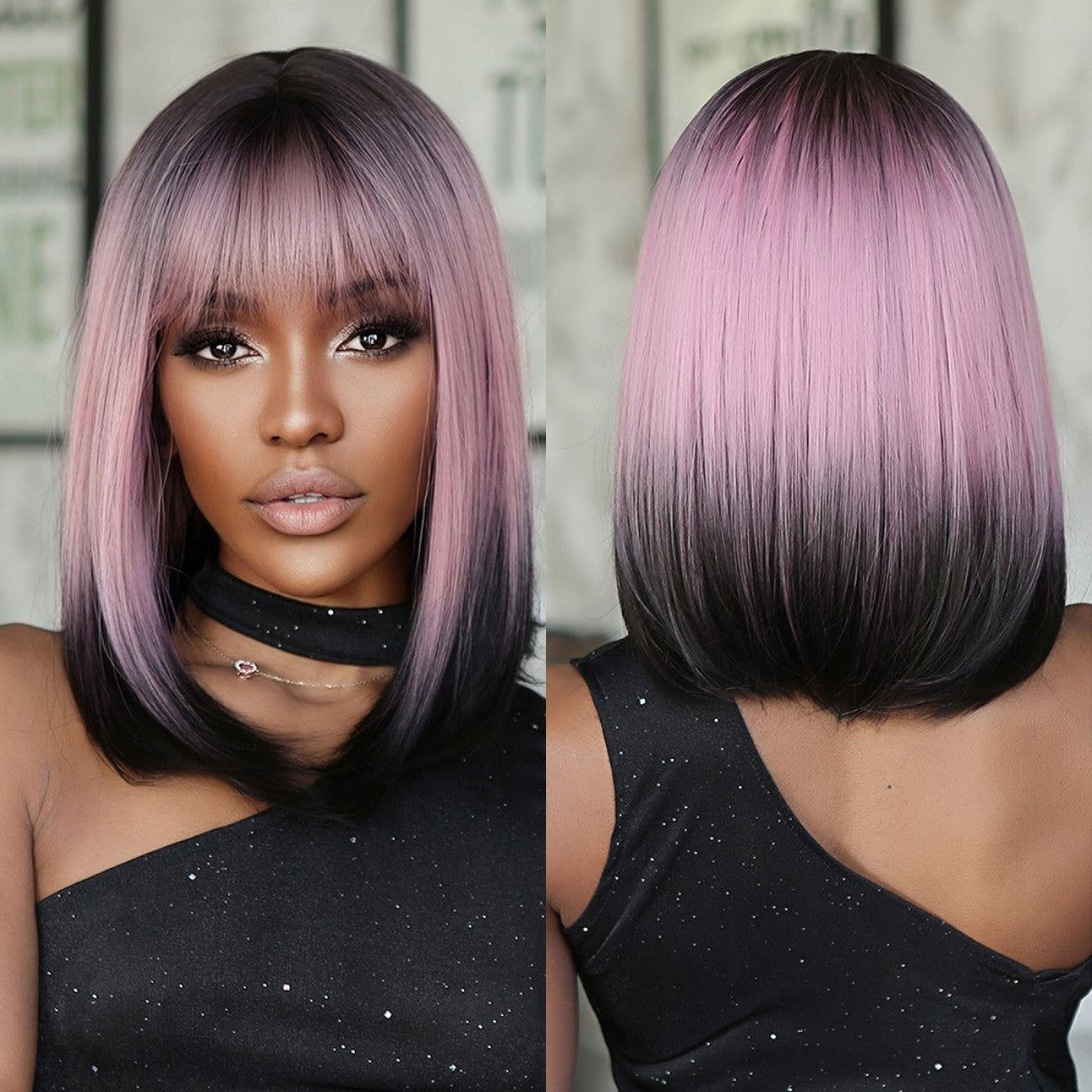 Purple Pink Ombre Black Short Straight Synthetic Wigs With Bangs