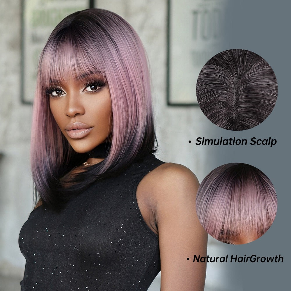 Purple Pink Ombre Black Short Straight Synthetic Wigs With Bangs