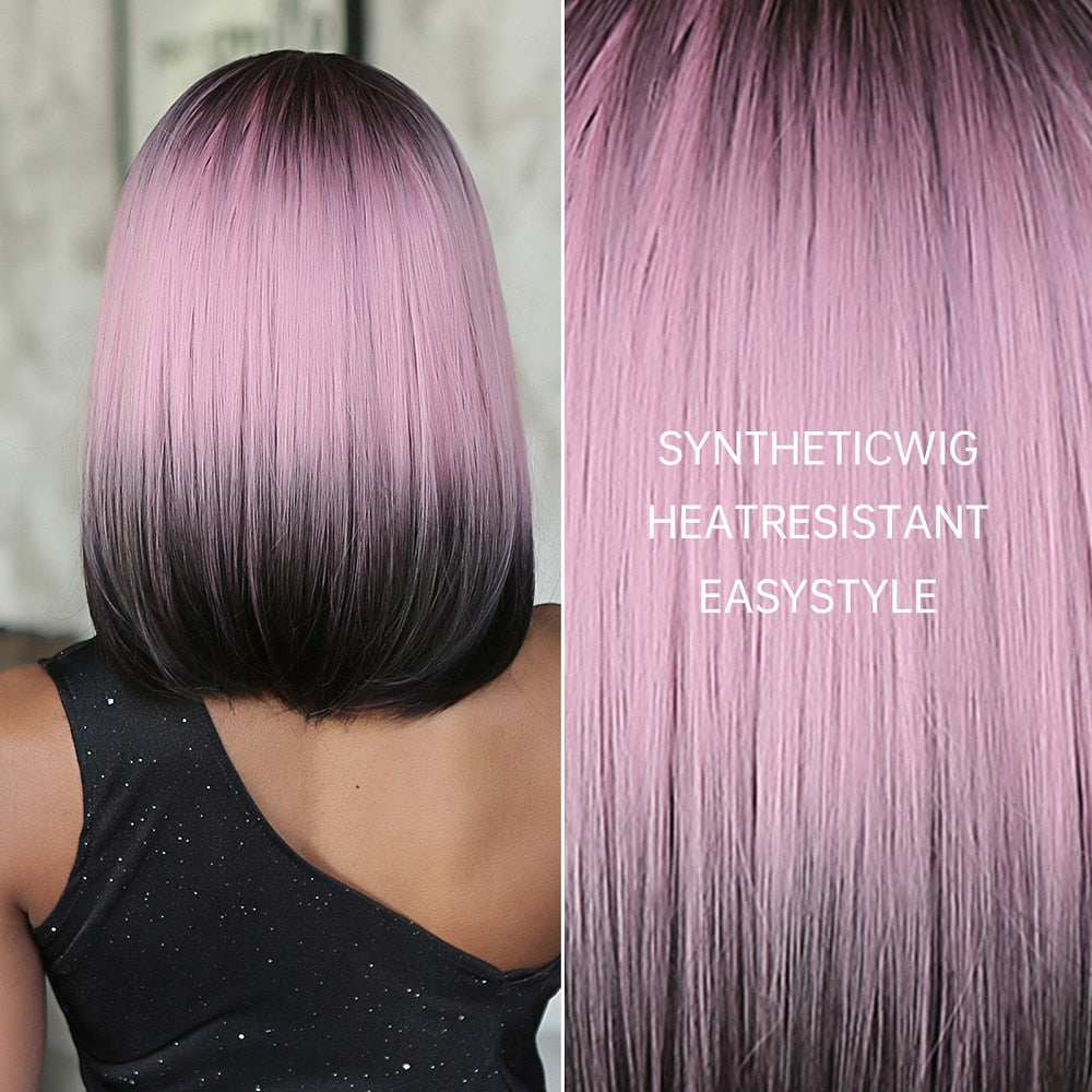 Purple Pink Ombre Black Short Straight Synthetic Wigs With Bangs