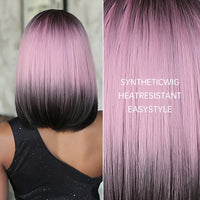 Thumbnail for Purple Pink Ombre Black Short Straight Synthetic Wigs With Bangs