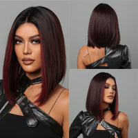 Thumbnail for Purple Pink Ombre Black Short Straight Synthetic Wigs With Bangs