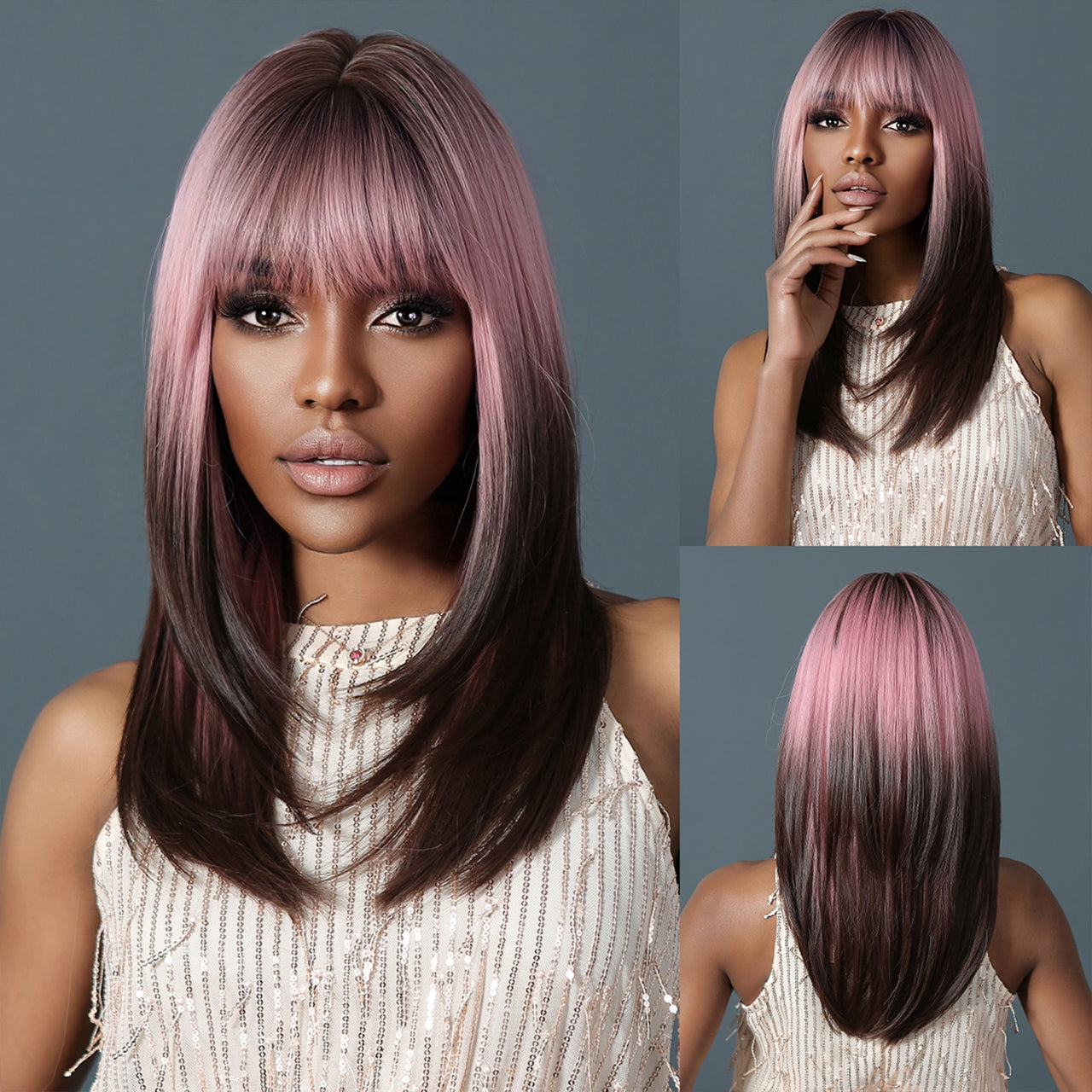 Purple Pink Ombre Black Short Straight Synthetic Wigs With Bangs